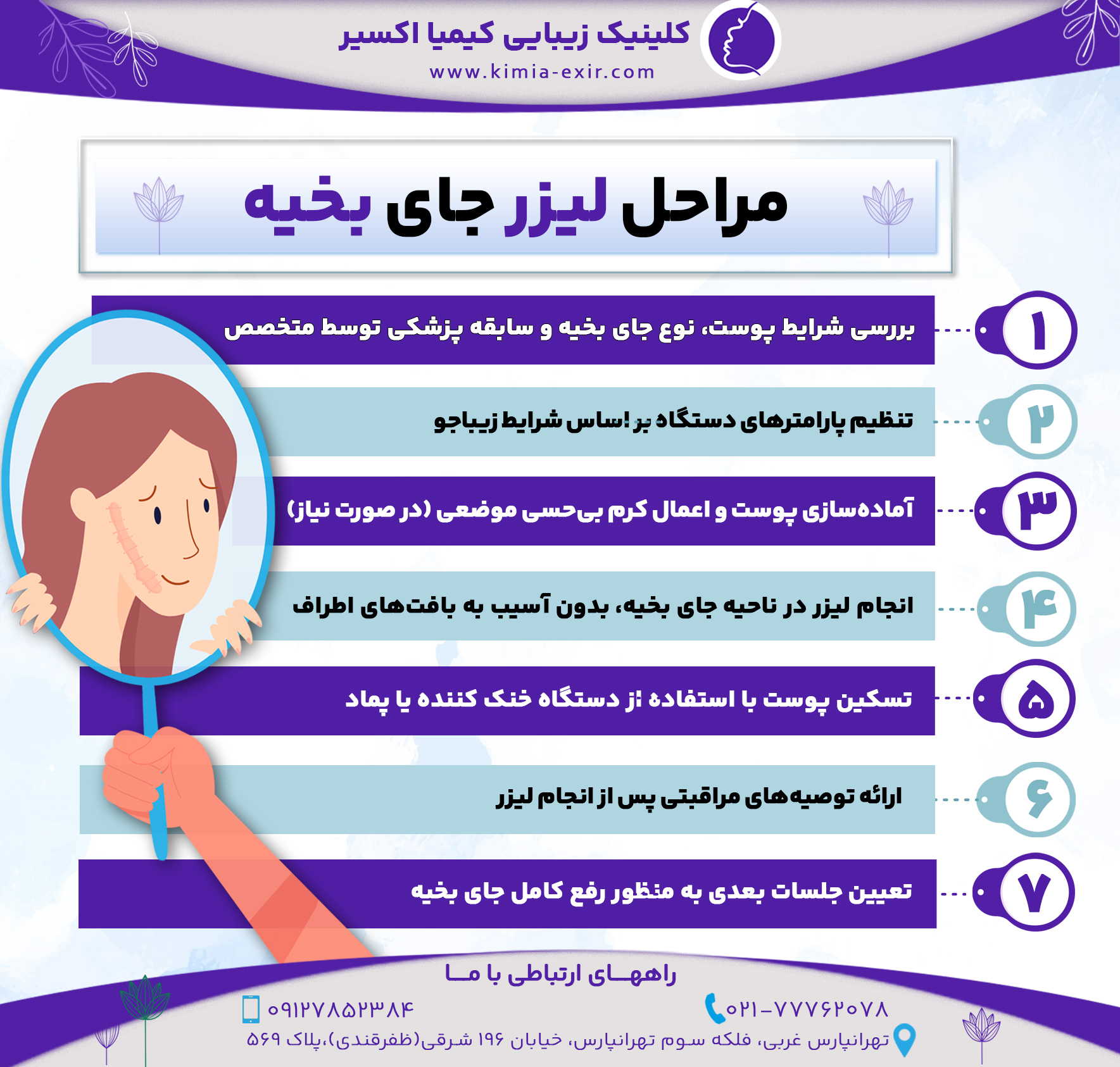 مراحل لیزر جای بخیه
1.	بررسی شرایط پوست، نوع جای بخیه و سابقه پزشکی توسط متخصص
2.	تنظیم پارامترهای دستگاه بر اساس شرایط زیباجو
3.	آماده‌سازی پوست و اعمال کرم بی‌حسی موضعی (در صورت نیاز)
4.	انجام لیزر در ناحیه جای بخیه، بدون آسیب به بافت‌های اطراف
5.	تسکین پوست با استفاده از دستگاه خنک کننده یا پماد
6.	ارائه توصیه‌های مراقبتی پس از انجام لیزر
7.	تعیین جلسات بعدی به منظور رفع کامل جای بخیه
