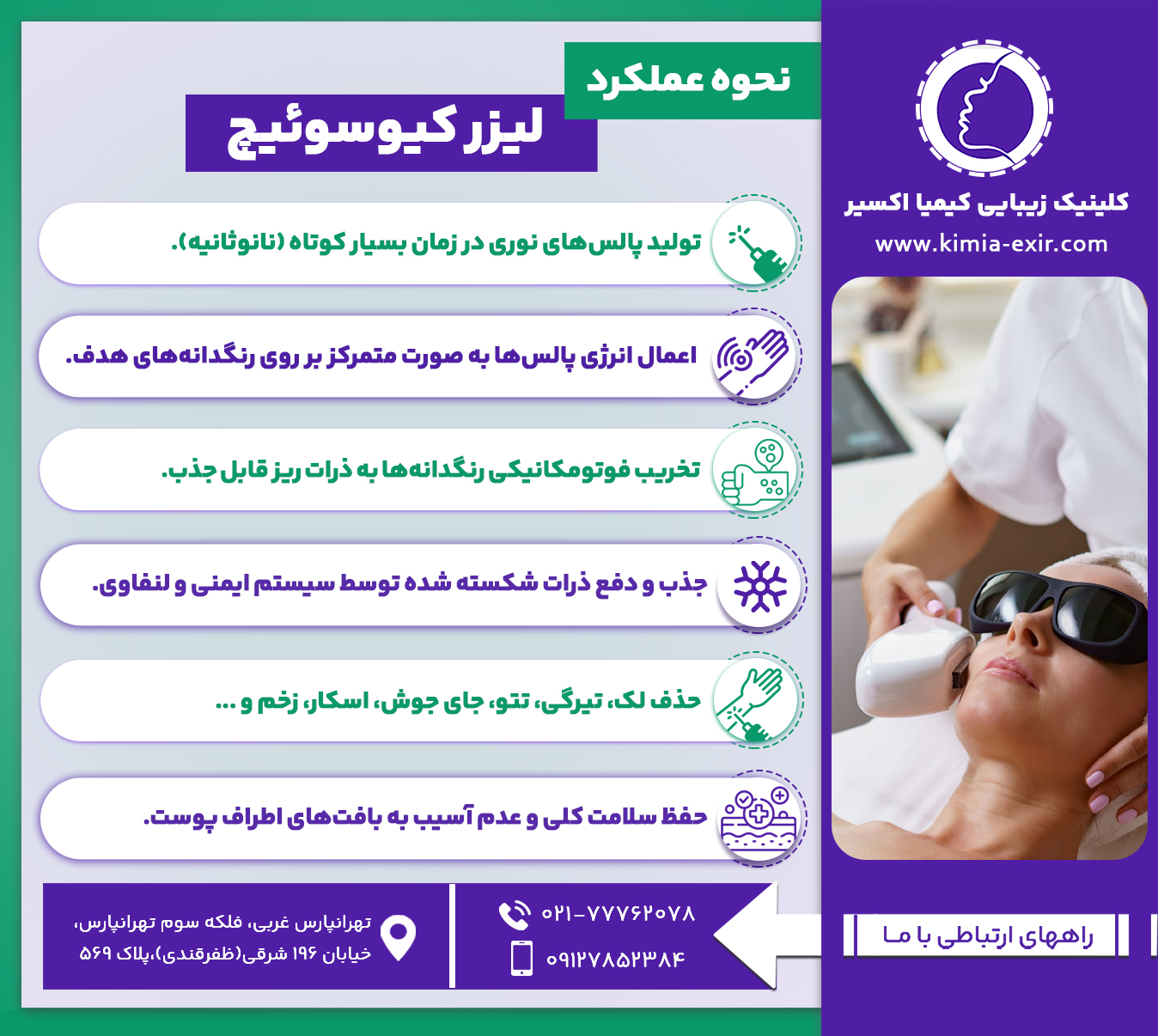 نحوه عملکرد لیزر کیوسوئیچ (1) 1. تولید پالس‌های نوری در زمان بسیار کوتاه (نانوثانیه). 2. اعمال انرژی پالس‌ها به صورت متمرکز بر روی رنگدانه‌های هدف. 3. تخریب فوتومکانیکی رنگدانه‌ها به ذرات ریز قابل جذب. 4. جذب و دفع ذرات شکسته شده توسط سیستم ایمنی و لنفاوی. 5. حذف لک، تیرگی، تتو، جای جوش، اسکار، زخم و ... 6. حفظ سلامت کلی و عدم آسیب به بافت‌های اطراف پوست.